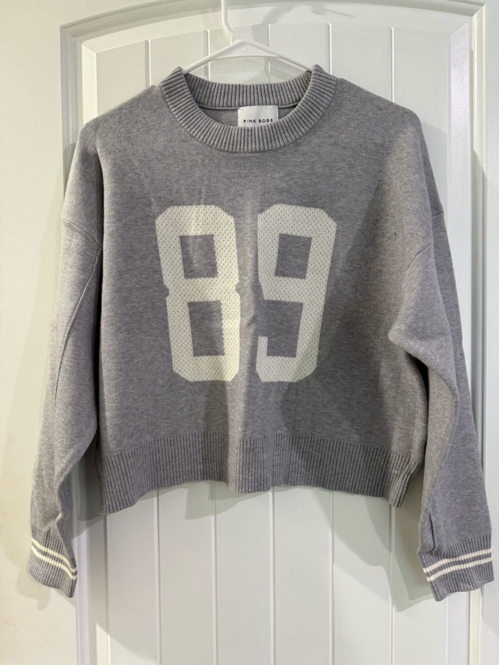 Pink Rose Gray Crewneck Sweater with White '89 Graphic
